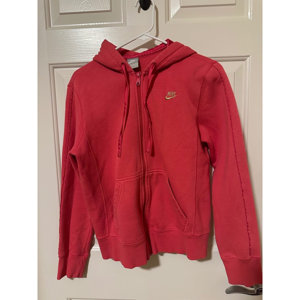 Nike Full Zip Hoodie Womens M Pink Sportswear Satin Lined Gold Logo Braided Trim